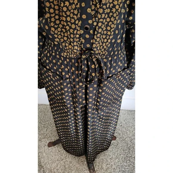 Vtg 80s Leslie Fay Midi Dress Women's Black Brown Paisley Tie Front Secretary 14 - Picture 3 of 15